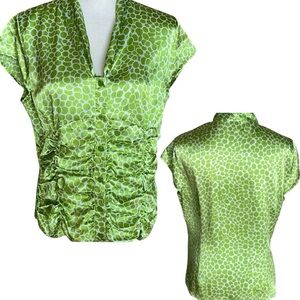 Vintage Green & White Satin Bubble Dots Print Top Ruched Front Seams Tie Neck